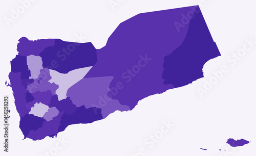 Map of Yemen with regions. Just a simple country border map with region division. Deep purple color palette. Blank Yemen shape with administrative division. Vector illustration.