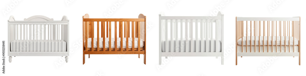 Assorted wooden and white cribs for a modern nursery Assorted wooden and white cribs for a modern nursery