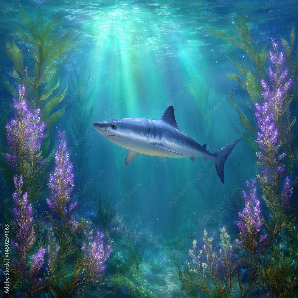 Obraz premium Graceful Shark in Sunlit Kelp Forest Underwater Scene