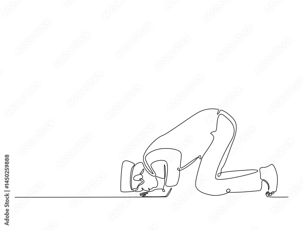 Continuous one line drawing of man with prostration gesture. Forgiveness and Gratitude person gesture outline illustration. Editable vector.