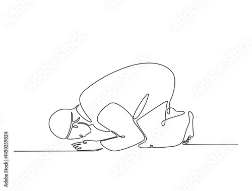 Continuous one line drawing of man with prostration gesture. Forgiveness and Gratitude person gesture outline illustration. Editable vector.