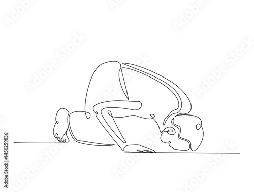 Continuous one line drawing of man with prostration gesture. Forgiveness and Gratitude person gesture outline illustration. Editable vector.