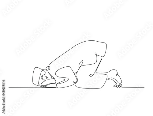 Continuous one line drawing of man with prostration gesture. Forgiveness and Gratitude person gesture outline illustration. Editable vector.