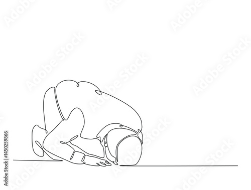 Continuous one line drawing of man with prostration gesture. Forgiveness and Gratitude person gesture outline illustration. Editable vector.