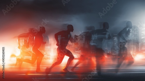Urban Night Race: Silhouettes of runners in a dramatic night race, city lights blurring in the background, conveying speed, energy, and competition.