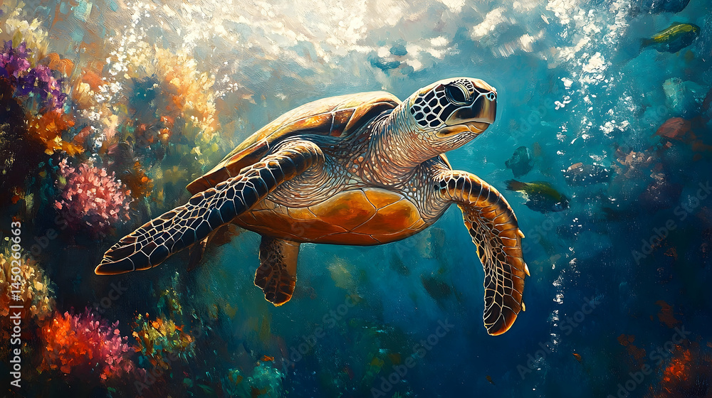 Obraz premium Underwater scene featuring a sea turtle amidst vibrant coral reefs.