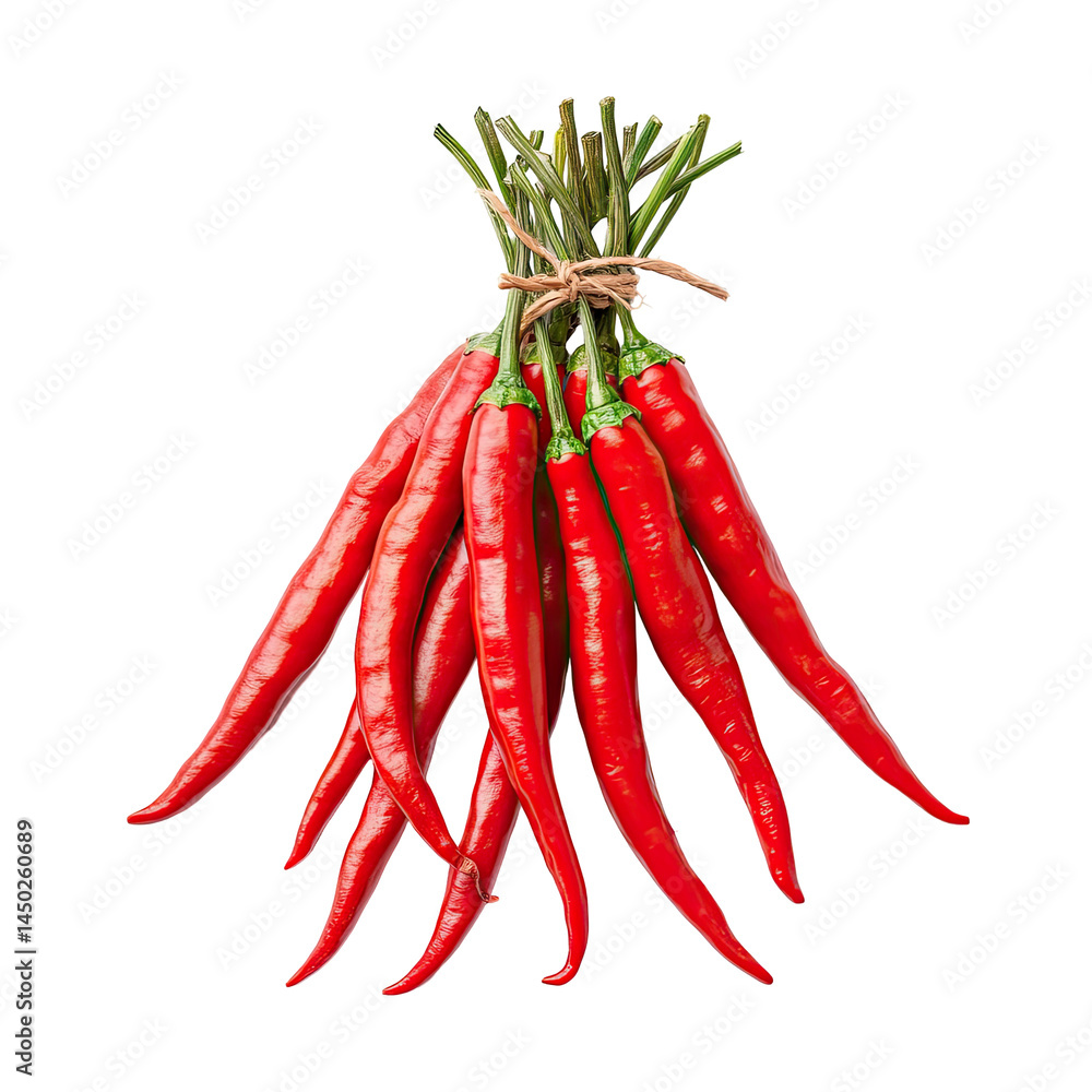 A bunch of red chili peppers tied together. A cluster of vibrant red peppers with slender, pointed shapes, tied with twine, stands out against a black background A bunch of red chili peppers tied together. A cluster of vibrant red peppers with slender, pointed shapes, tied with twine, stands out against a black background