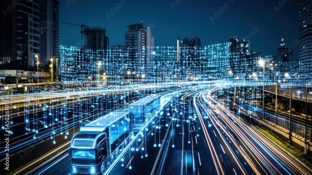 Fototapeta premium Futuristic city transportation network at night.