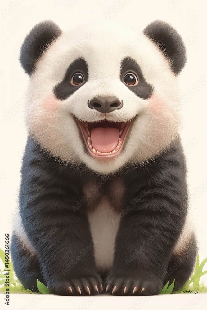 Fototapeta premium Adorable panda cub smiling with its mouth open, seated among small grass blades