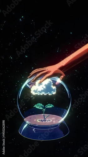 A hand reaches into a glowing crystal ball, cosmic dust swirling within, set against a dark, starry backdrop