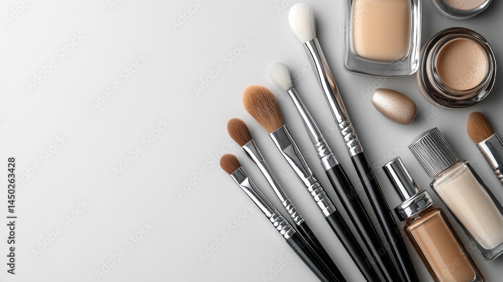 Makeup brushes and cosmetic products are arranged on a white surface. Makeup brushes and cosmetic products are arranged on a white surface.