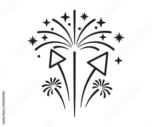 Fireworks depicted as a line icon, outlined vector graphic, linear pictogram on a white surface. Logo illustration for New Year, Christmas, and festive occasions. Wishing you a prosperous New Year.