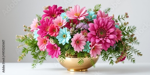 Elegant Pink and Cyan Wallflowers in Brass Vase with Boxwood