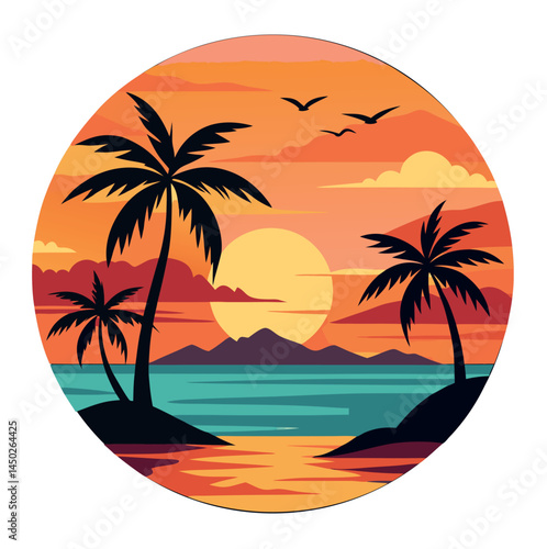 Retro Style Tropical Sunset in a Circular Design – Vintage Aesthetic Beach Vibes, sunsets are for print-on-demand, t-shirt design, book