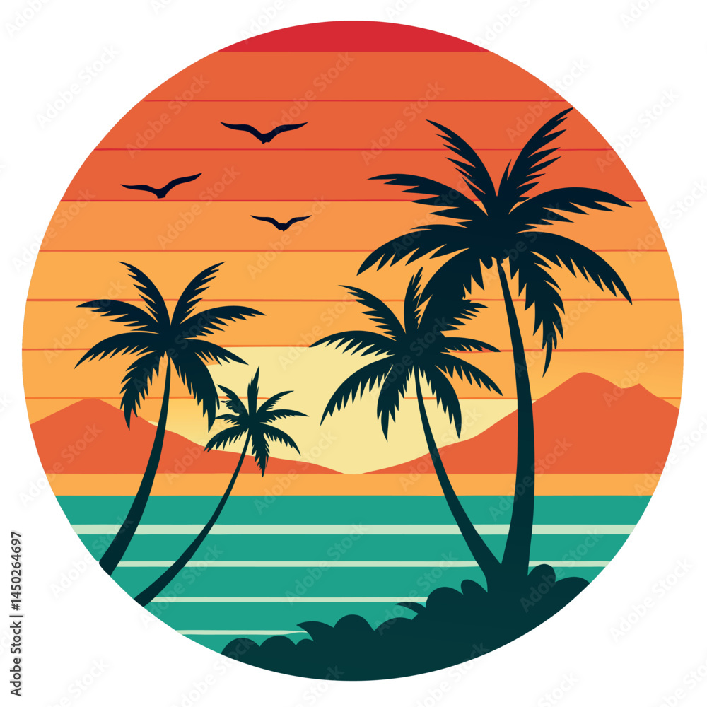 Fototapeta premium Retro Style Tropical Sunset in a Circular Design – Vintage Aesthetic Beach Vibes, sunsets are for print-on-demand, t-shirt design, book