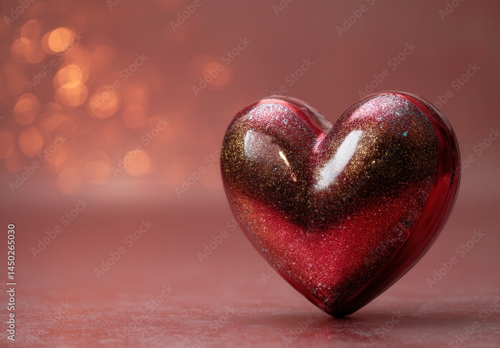 Fototapeta premium Glittery heart-shaped ornament on a shimmering background, exuding warmth and romance.