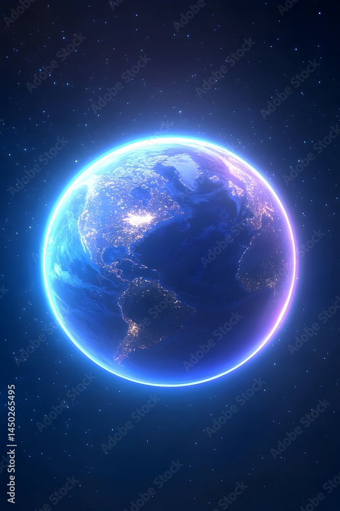 Obraz premium A glowing blue Earth with a faint ring of light around it set against a dark starry background