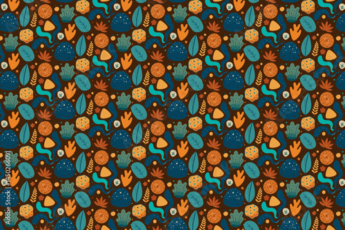 Abstract round seamless pattern design with a gold texture on a brown wooden wall.