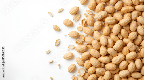 A pile of unshelled peanuts against a white background.