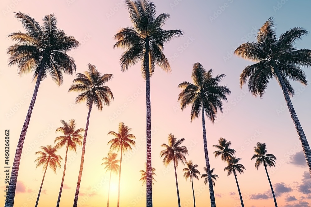 Palm trees at sunset. Lush tropical foliage against a vibrant sky Palm trees at sunset. Lush tropical foliage against a vibrant sky