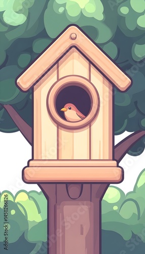 A small bird peeks from a wooden birdhouse mounted on a tree trunk against a lush green backdrop