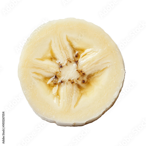 A fresh banana slice reveals its intricate patterns