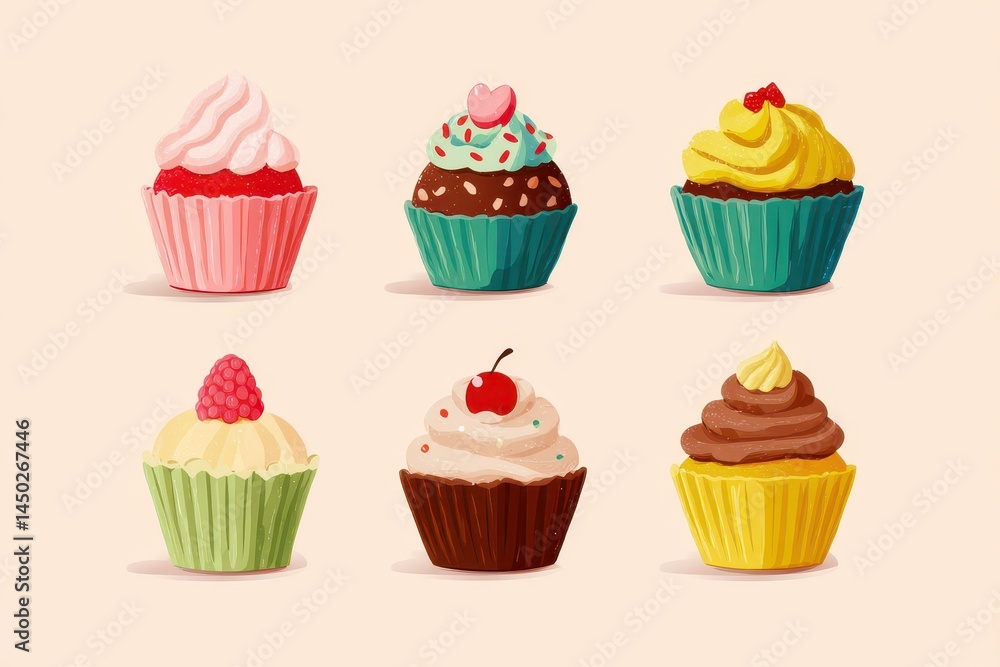 Six Delicious Cupcakes with Various Toppings and Frosting Six Delicious Cupcakes with Various Toppings and Frosting