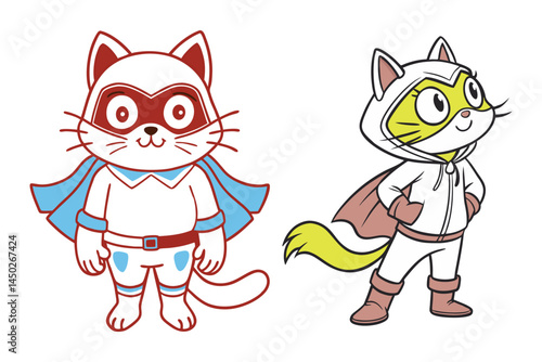 Cute superhero cat character line art vector illustration on a white background