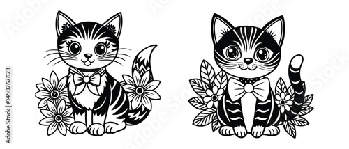 Black and white sitting kitten floral outline coloring page style on a white background