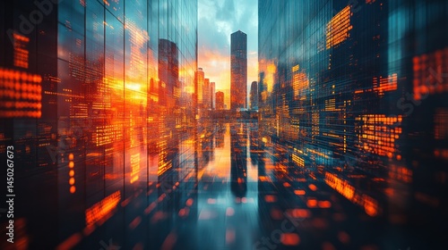 Fototapeta Naklejka Na Ścianę i Meble -  Abstract cityscape with blurred buildings reflecting in a shiny surface orange blue.