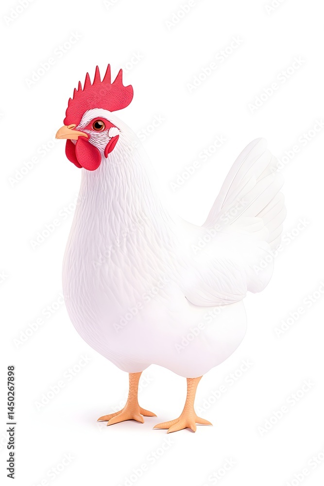Fototapeta premium A white chicken with a red comb stands facing the camera, its legs and beak are orange