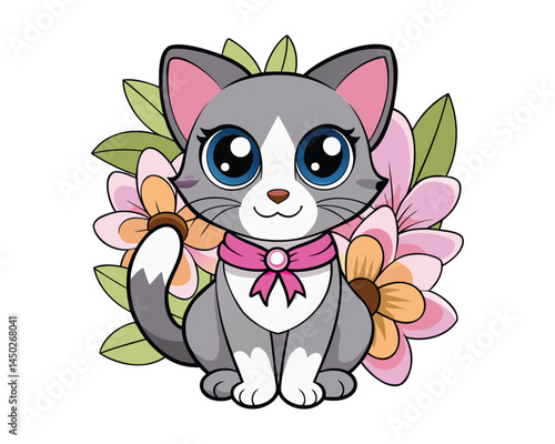 Cute cartoon cat with flowers kawaii vector illustration on a white background