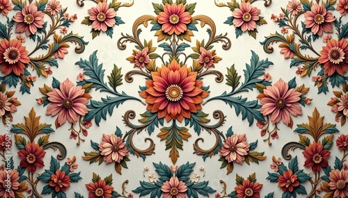 Elegant floral damask textile, intricate design, detail, wallpaper, floral