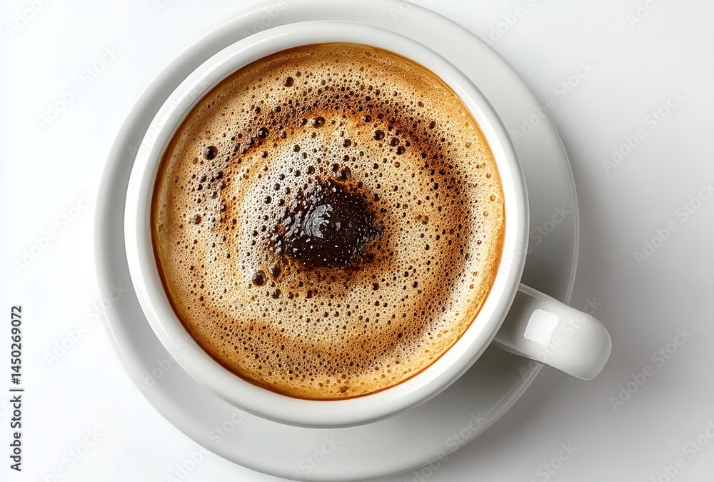 A top-view image of a cup of coffee on a saucer against a white background. A top-view image of a cup of coffee on a saucer against a white background.
