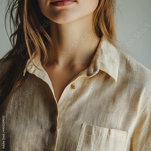 sustainable fashion Close-up of a woman's upper body wearing a light-colored button-up shirt.