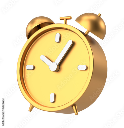 Luxurious 3D Golden Alarm Clock with White Hands and Bells Isolated on Transparent Background