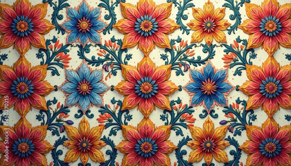 Intricate floral textile design, repeating motif , seamless, textile Intricate floral textile design, repeating motif , seamless, textile
