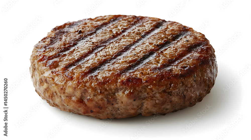Close-up of a perfectly grilled hamburger patty, showcasing its juicy texture and appetizing grill marks. Close-up of a perfectly grilled hamburger patty, showcasing its juicy texture and appetizing grill marks.