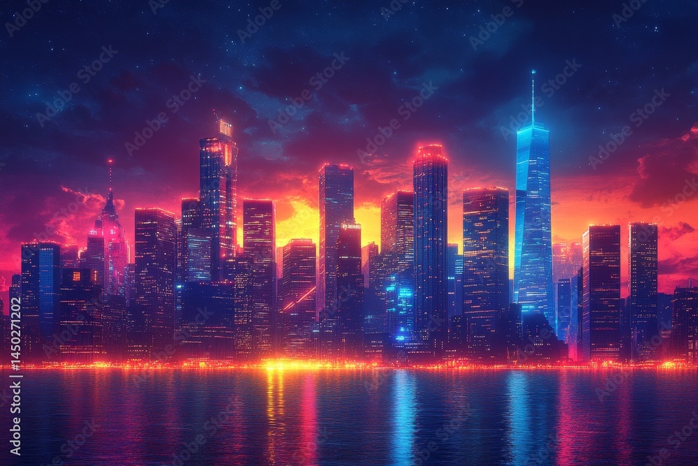 Fototapeta premium Vibrant city skyline at sunset, reflected in water, used for futuristic backgrounds