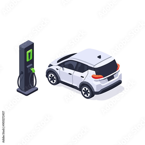 Isometric Electric Car Charging At Station, Clean Energy Future