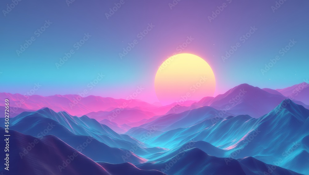 A vibrant, surreal sunset with neon colors over stylized mountains, creating a dreamy, futuristic landscape. A vibrant, surreal sunset with neon colors over stylized mountains, creating a dreamy, futuristic landscape.