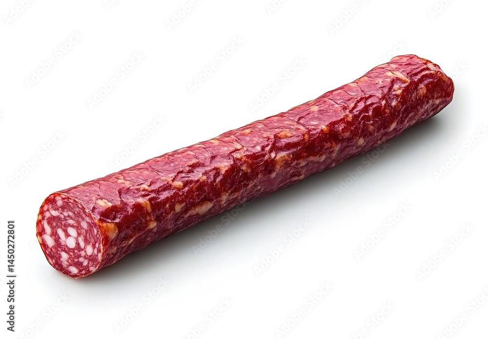 A whole red-colored salami with white and yellow spots, placed on a white background. A whole red-colored salami with white and yellow spots, placed on a white background.