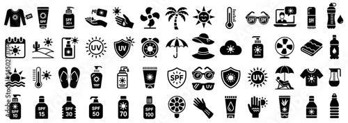 Sun protection and sunburn prevention, summer related vector glyph icons, isolated illustration