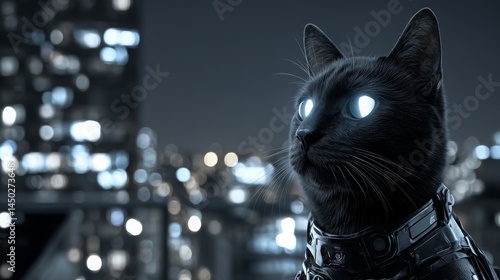 Futuristic Black Cat with Glowing Eyes Against Urban Night Background