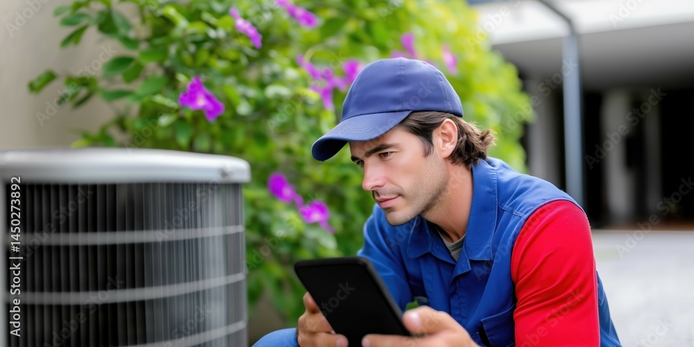HVAC service worker technician repairing air conditioning unit close up photo outdoors in summer heat HVAC service worker technician repairing air conditioning unit close up photo outdoors in summer heat