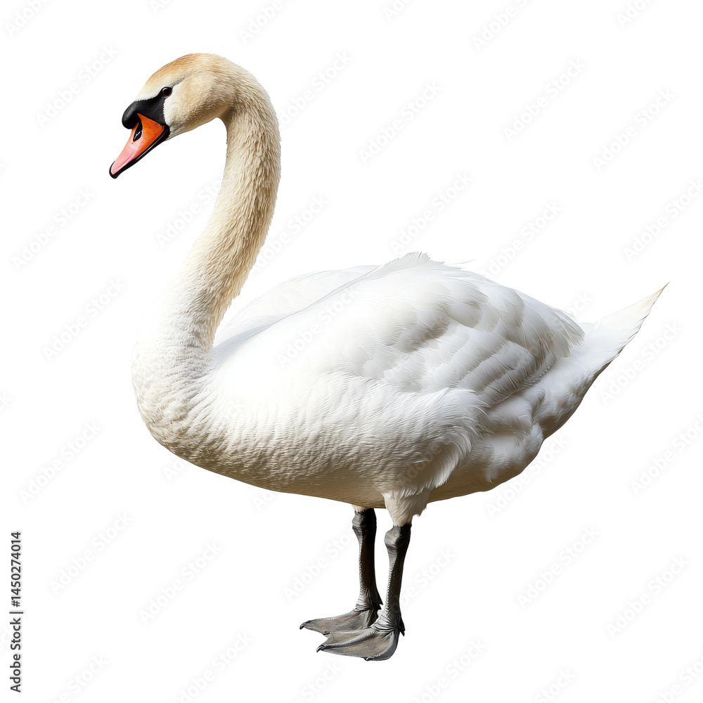 Elegant white swan gracefully standing, showcasing its beauty with a long neck and striking presence Elegant white swan gracefully standing, showcasing its beauty with a long neck and striking presence