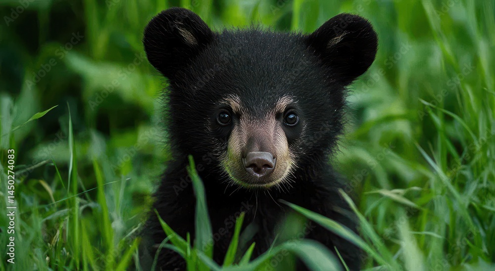 Obraz premium Adorable black bear cub sitting in lush green grass, showcasing innocence and curiosity in a natural woodland habitat