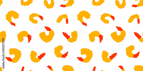 Tempura Shrimp Pattern background. Fried Shrimp Seamless pattern Background. Seafood Pattern Design. Crunchy Tempura Pattern.