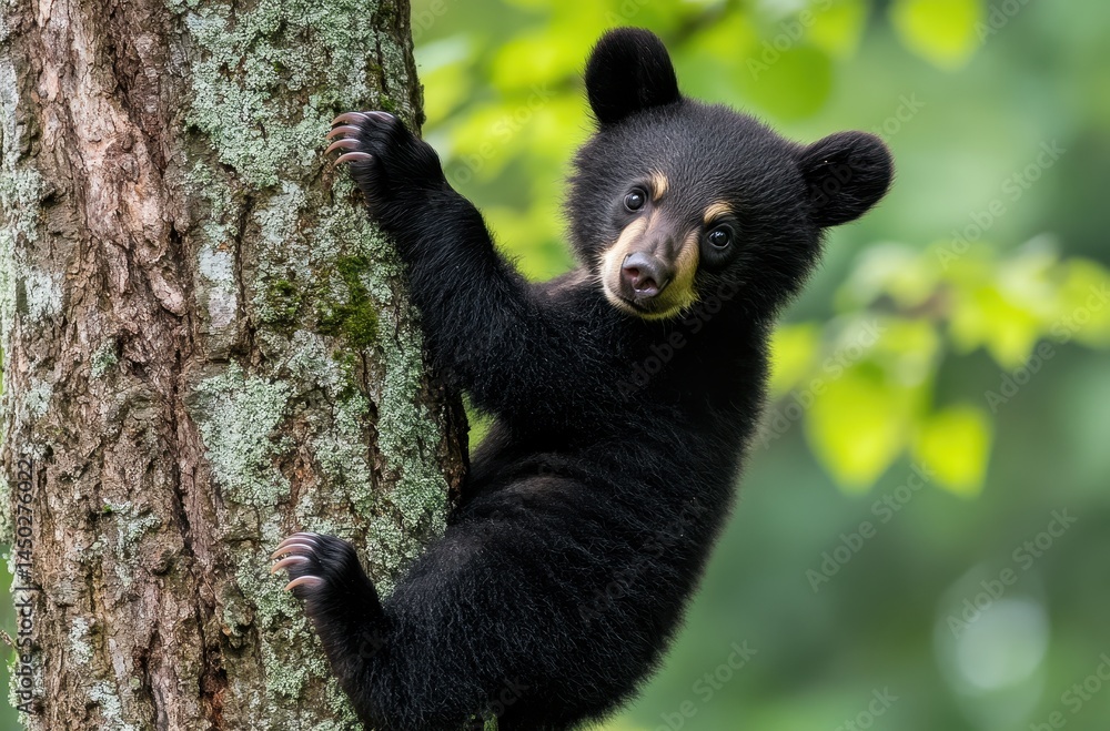Obraz premium Adorable young black bear climbing a tree in a vibrant green forest during a sunny day, showcasing its playful nature and curious behavior in nature.