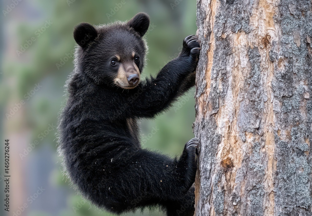 Obraz premium Adorable young black bear cub climbing a tree in natural forest habitat showcasing wildlife beauty and playful behavior in a serene environment